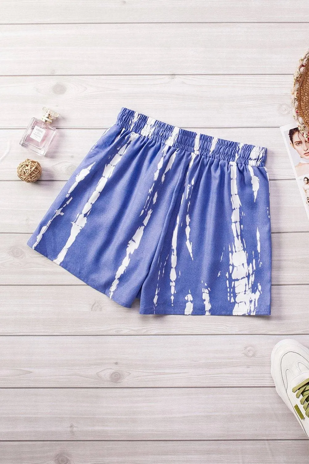 Blue White Tie Dye Drawstring Casual Shorts