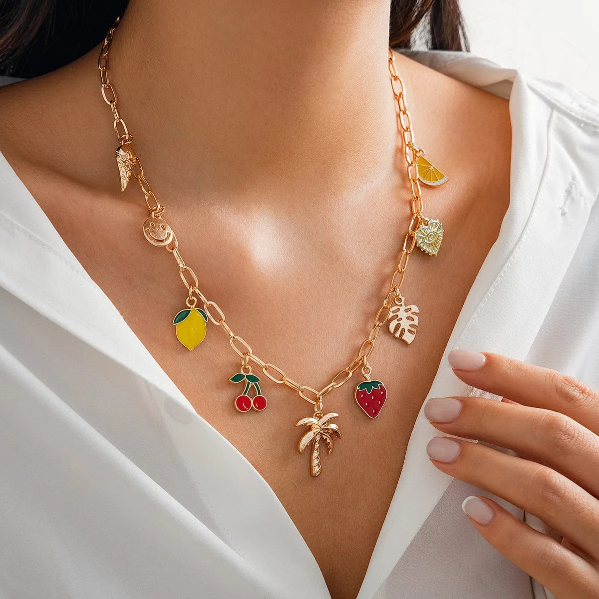 Bohemia Enamel Fruit Coconut Tree Heart Charm Necklace