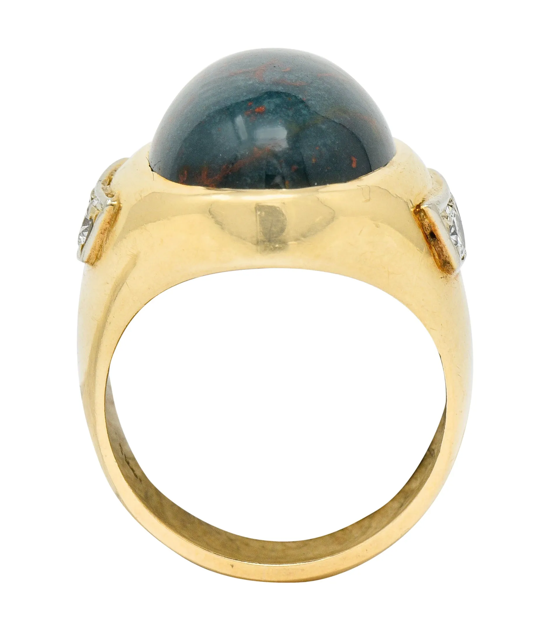 Bold Retro Bloodstone Cabochon Diamond 14 Karat Gold Unisex Ring