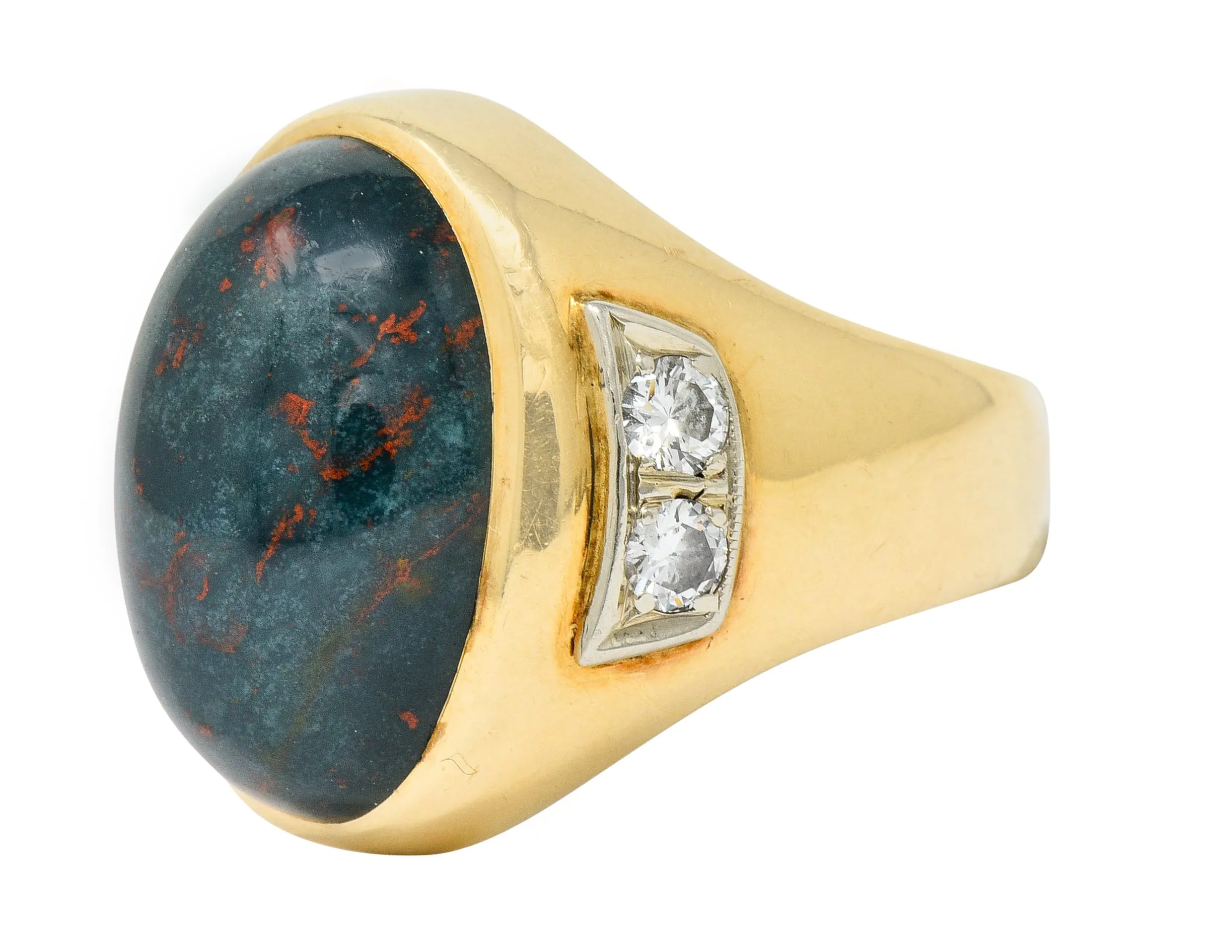 Bold Retro Bloodstone Cabochon Diamond 14 Karat Gold Unisex Ring