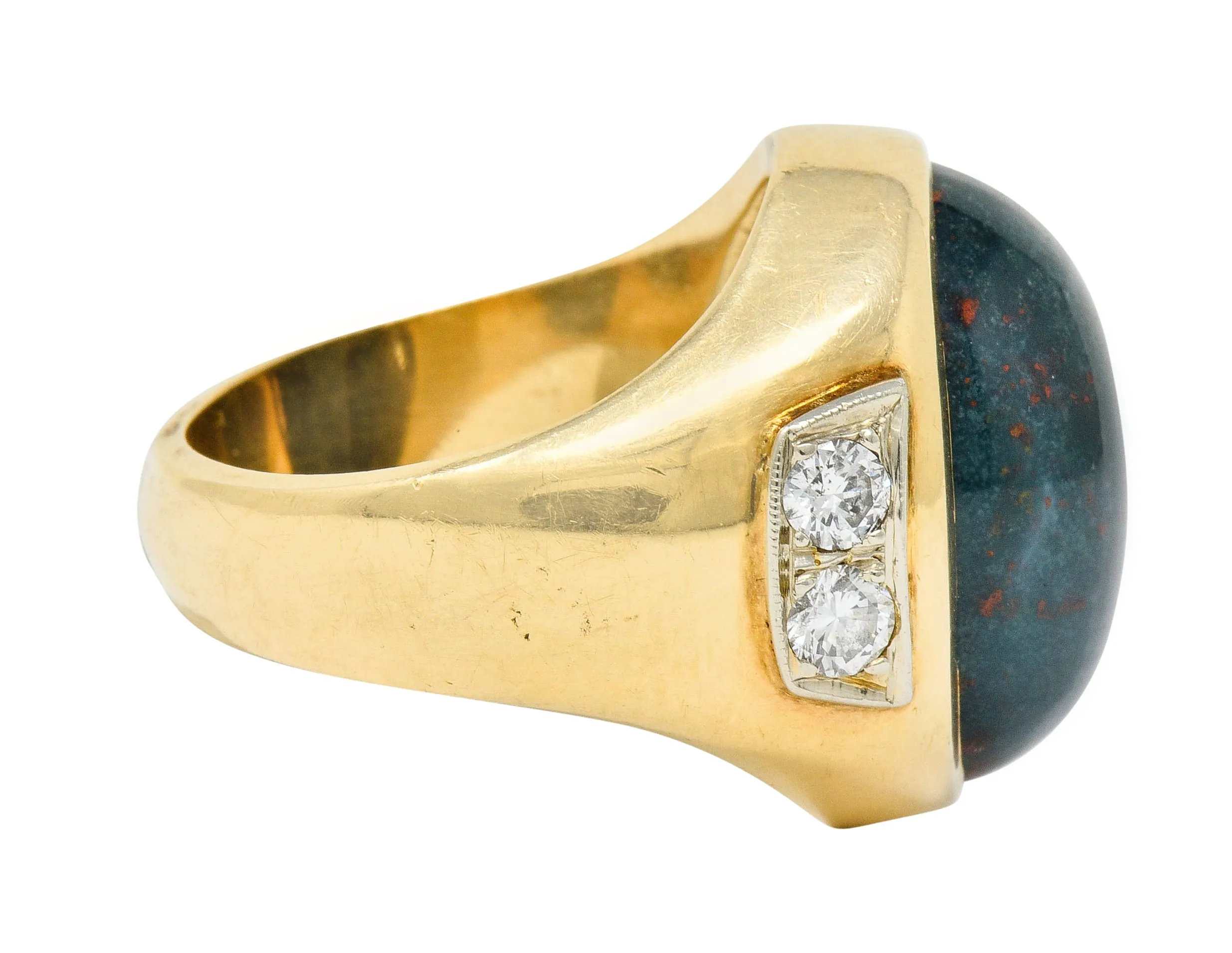 Bold Retro Bloodstone Cabochon Diamond 14 Karat Gold Unisex Ring