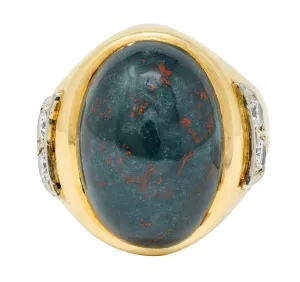Bold Retro Bloodstone Cabochon Diamond 14 Karat Gold Unisex Ring