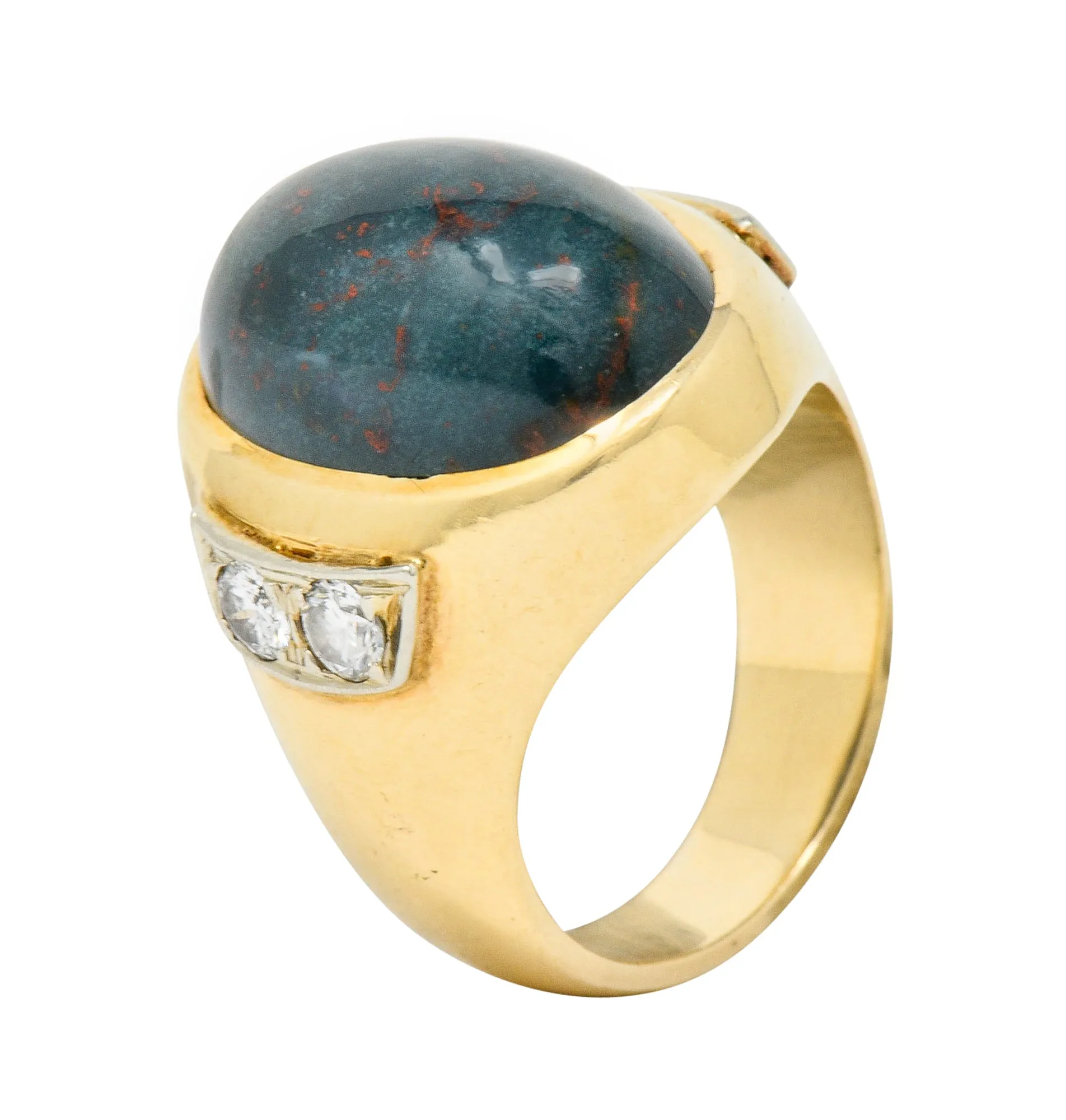 Bold Retro Bloodstone Cabochon Diamond 14 Karat Gold Unisex Ring