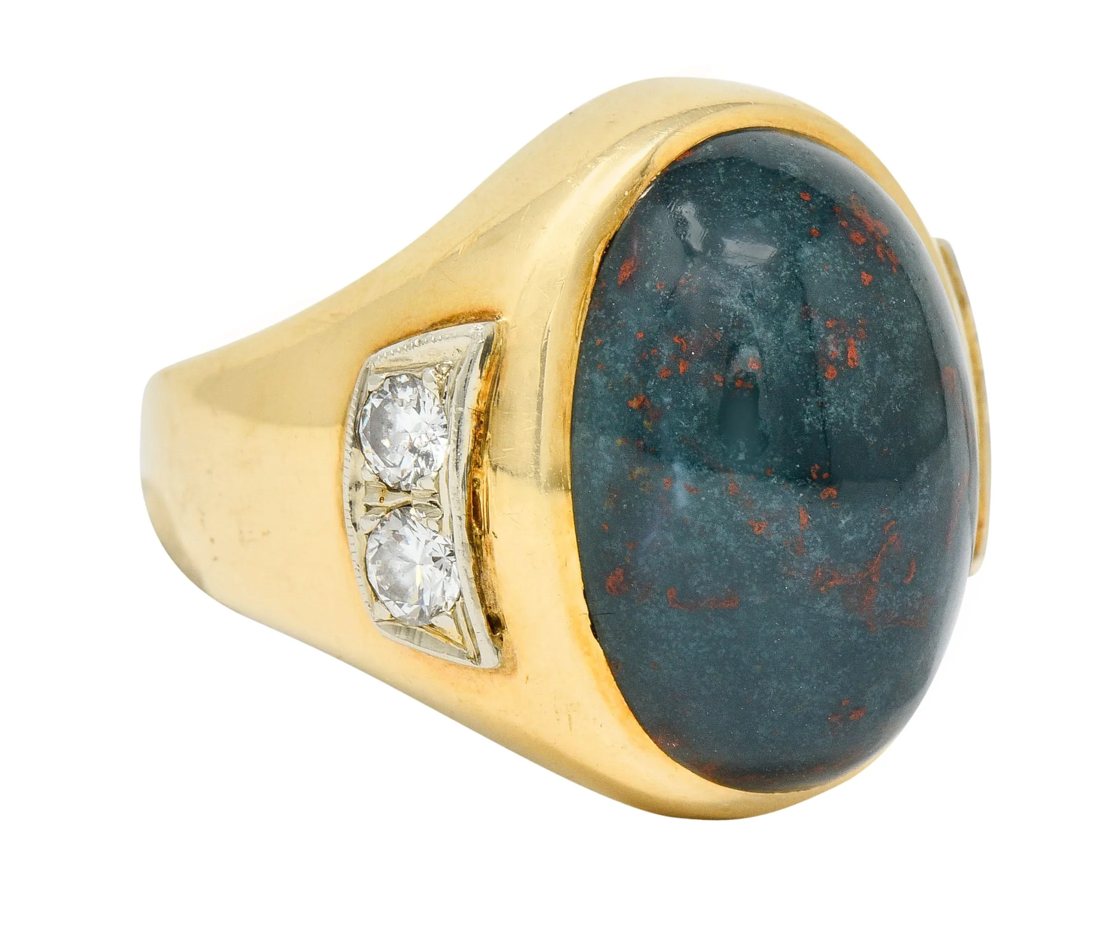 Bold Retro Bloodstone Cabochon Diamond 14 Karat Gold Unisex Ring