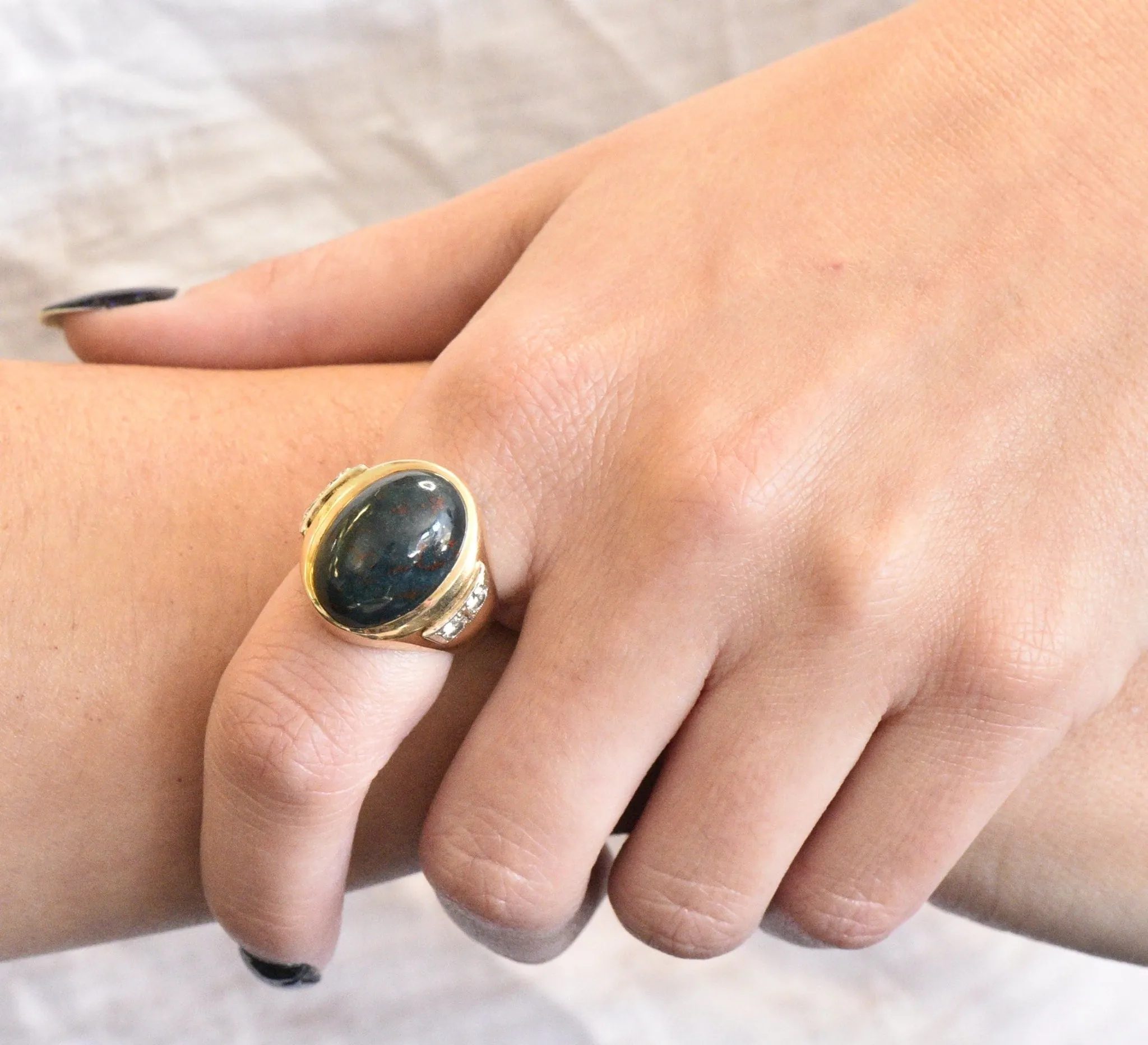 Bold Retro Bloodstone Cabochon Diamond 14 Karat Gold Unisex Ring