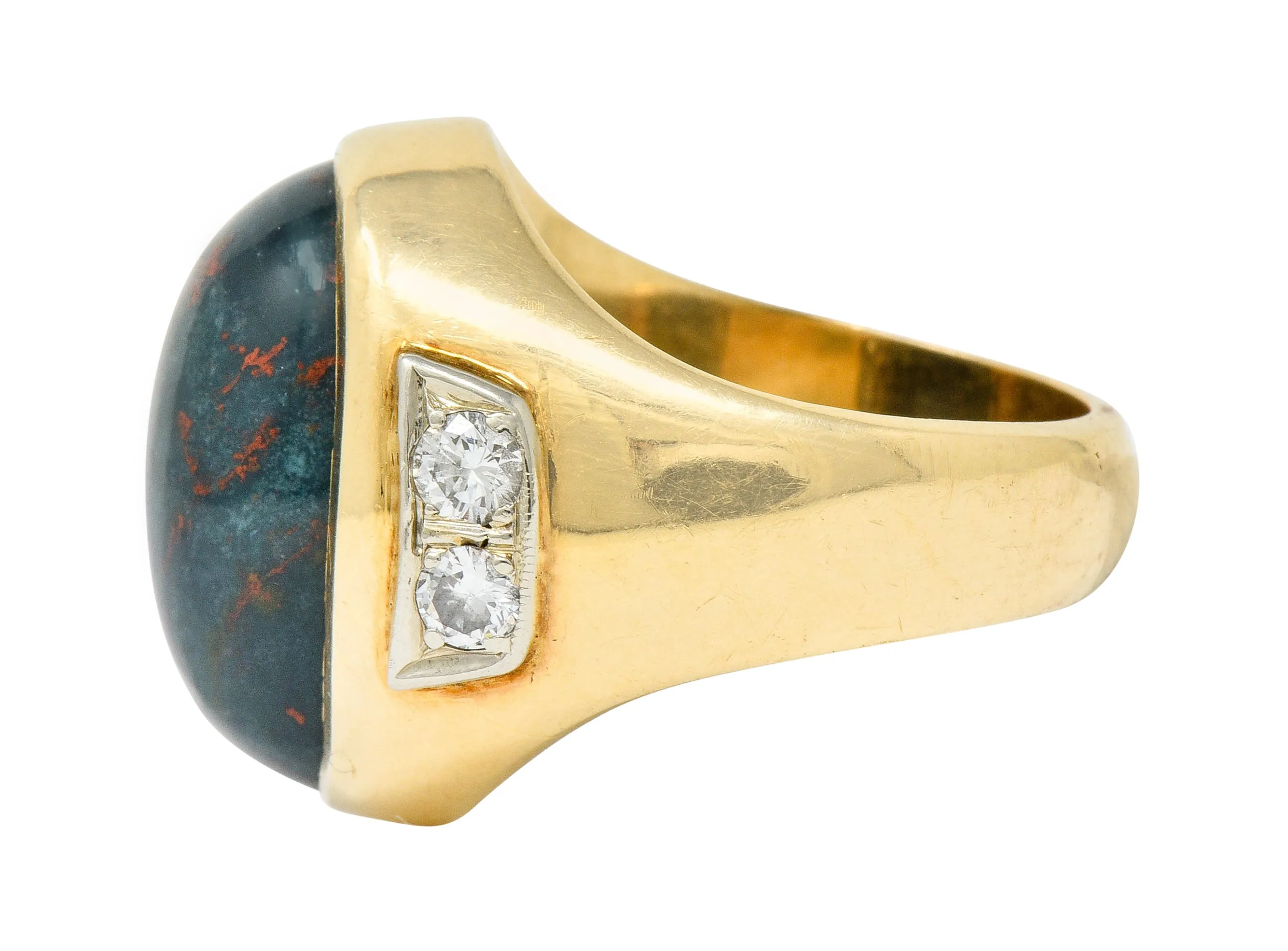 Bold Retro Bloodstone Cabochon Diamond 14 Karat Gold Unisex Ring