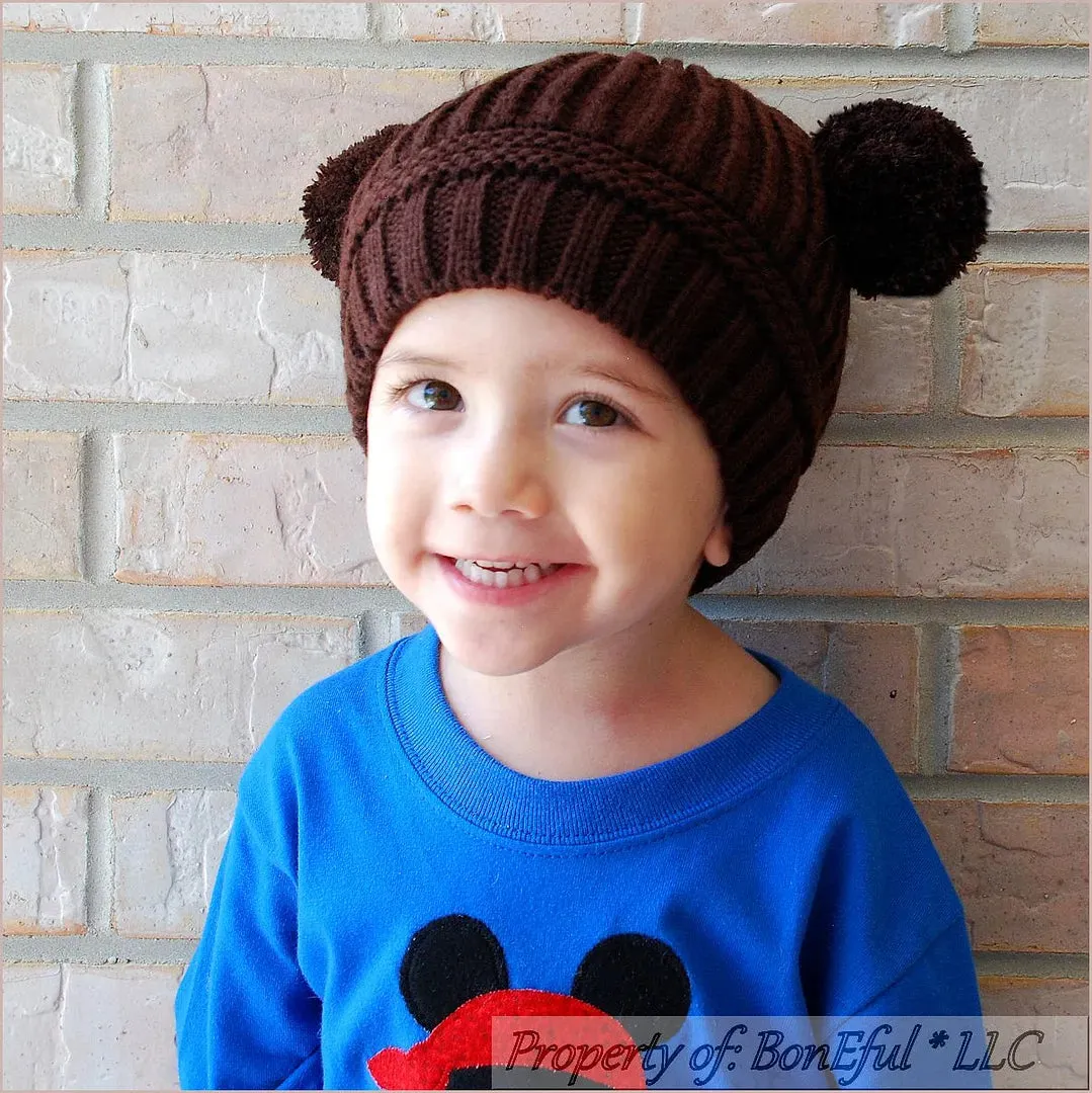 Boutique Baby Hat Unisex 9-24 Months Brown Crochet Pom Poms
