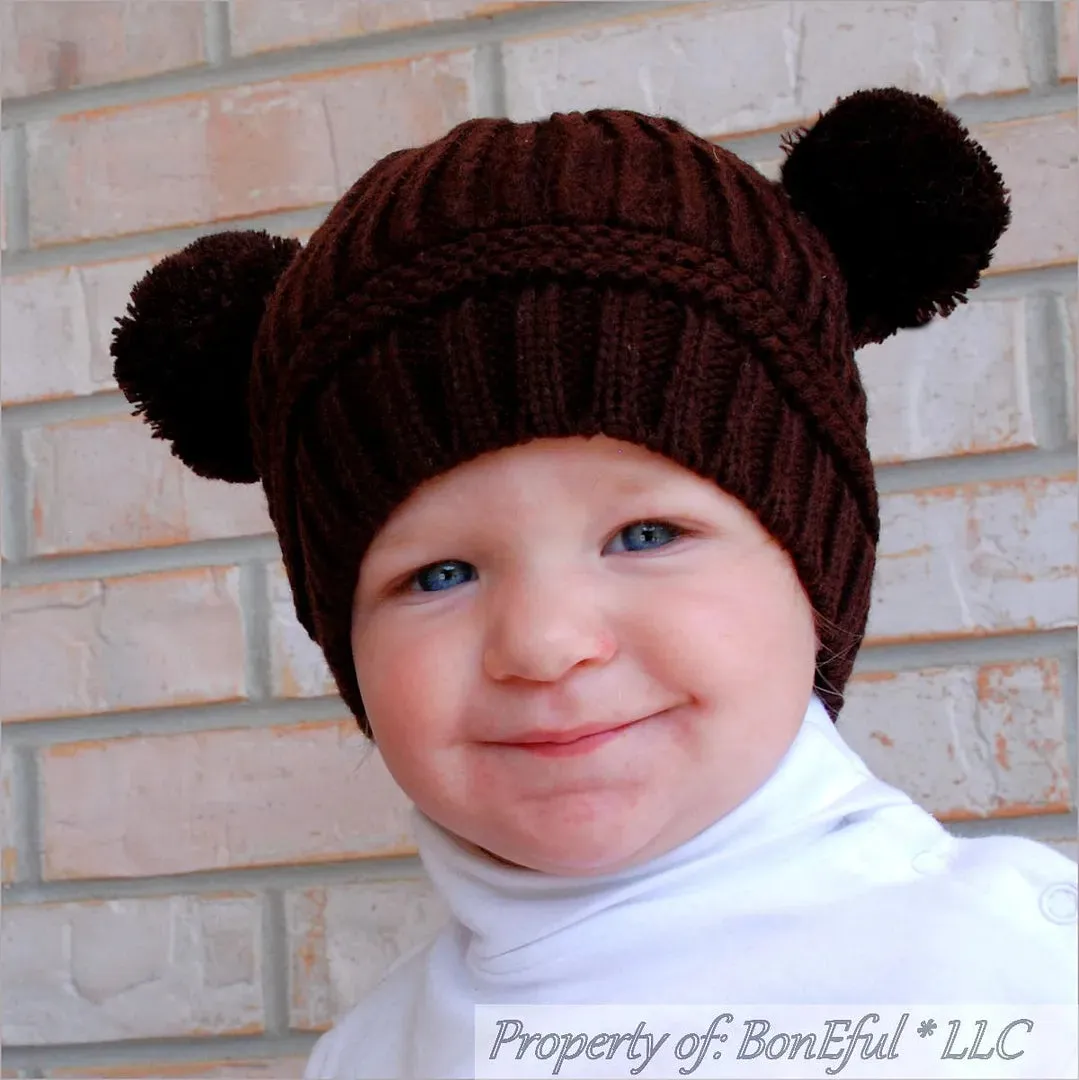 Boutique Baby Hat Unisex 9-24 Months Brown Crochet Pom Poms