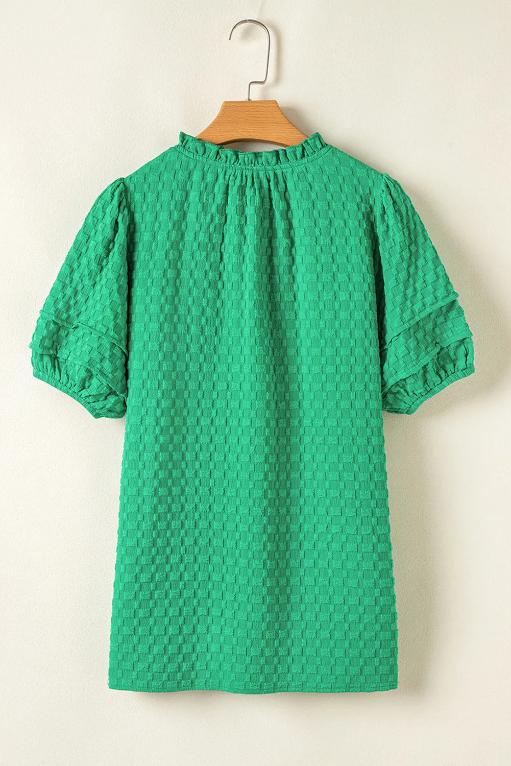 Bright Green Sequin Clover Textured Puff Sleeve Notch Neck Blouse