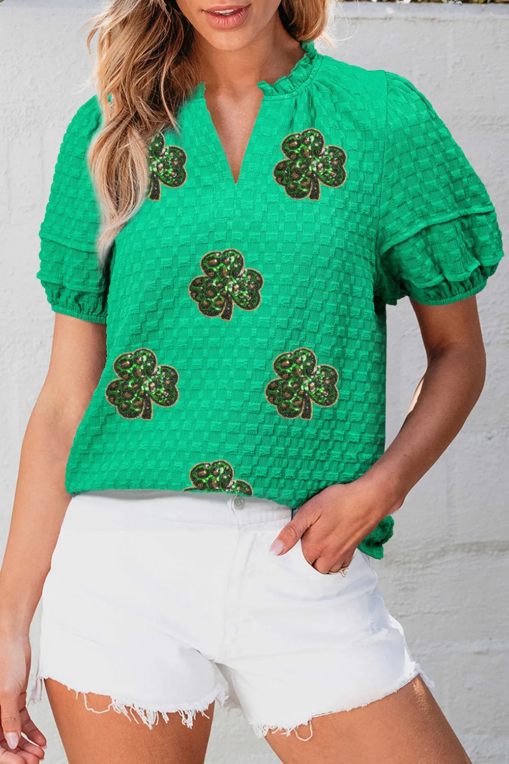 Bright Green Sequin Clover Textured Puff Sleeve Notch Neck Blouse