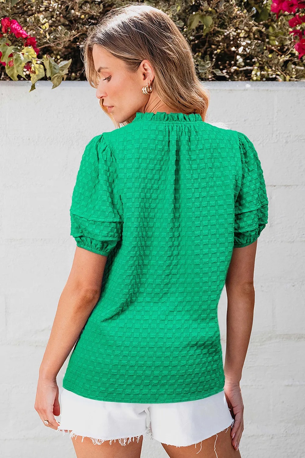 Bright Green Sequin Clover Textured Puff Sleeve Notch Neck Blouse