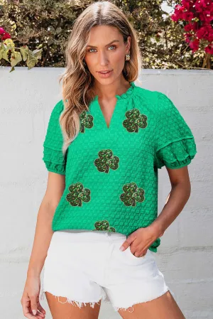 Bright Green Sequin Clover Textured Puff Sleeve Notch Neck Blouse