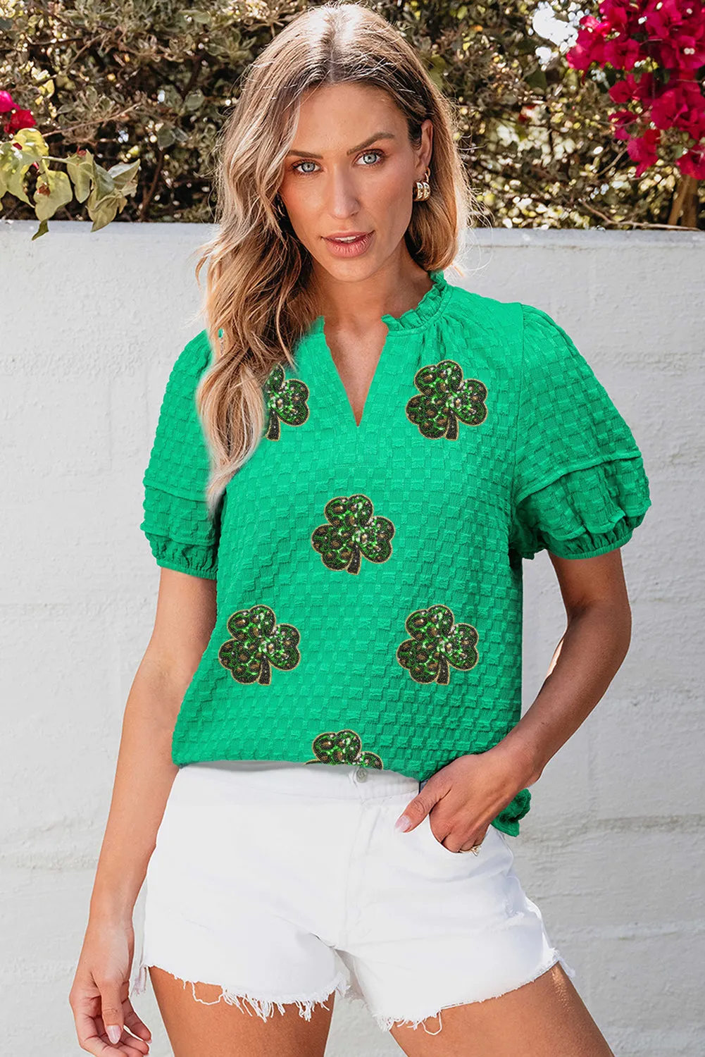Bright Green Sequin Clover Textured Puff Sleeve Notch Neck Blouse