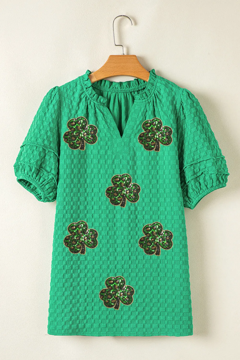 Bright Green Sequin Clover Textured Puff Sleeve Notch Neck Blouse