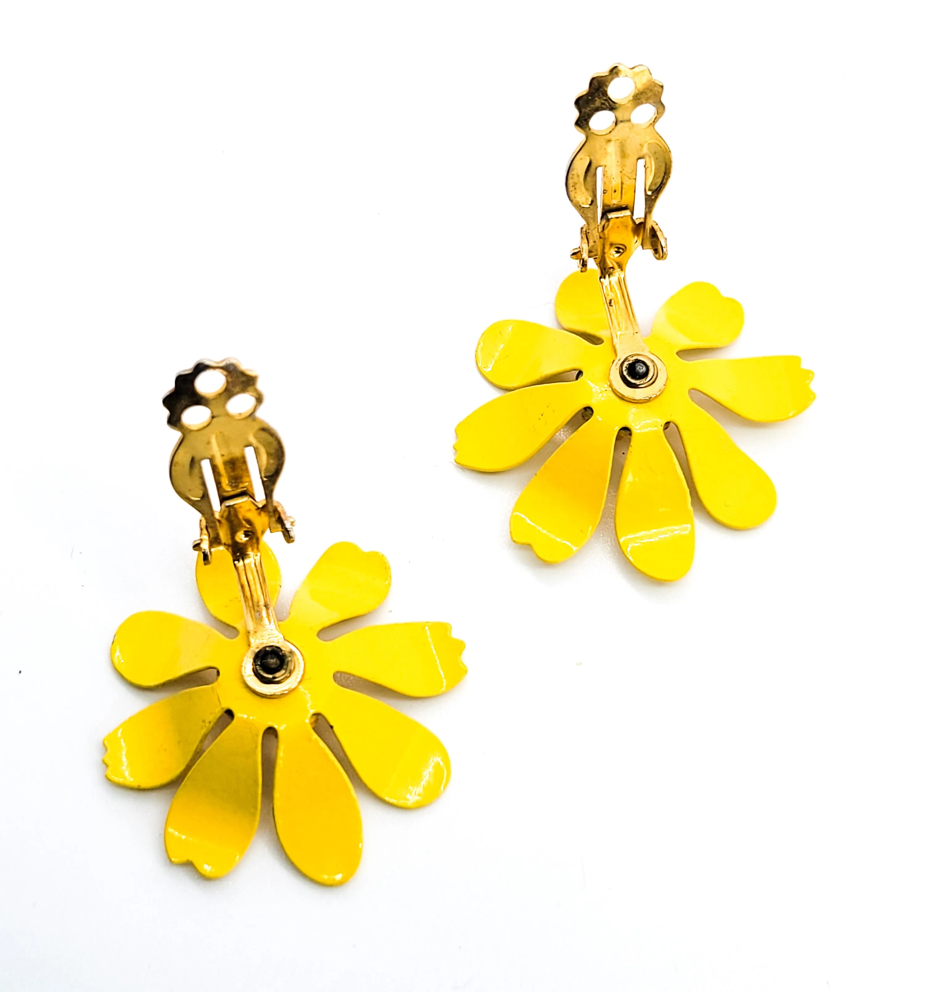 Bright Yellow Daisy Retro tin flower clip on earrings