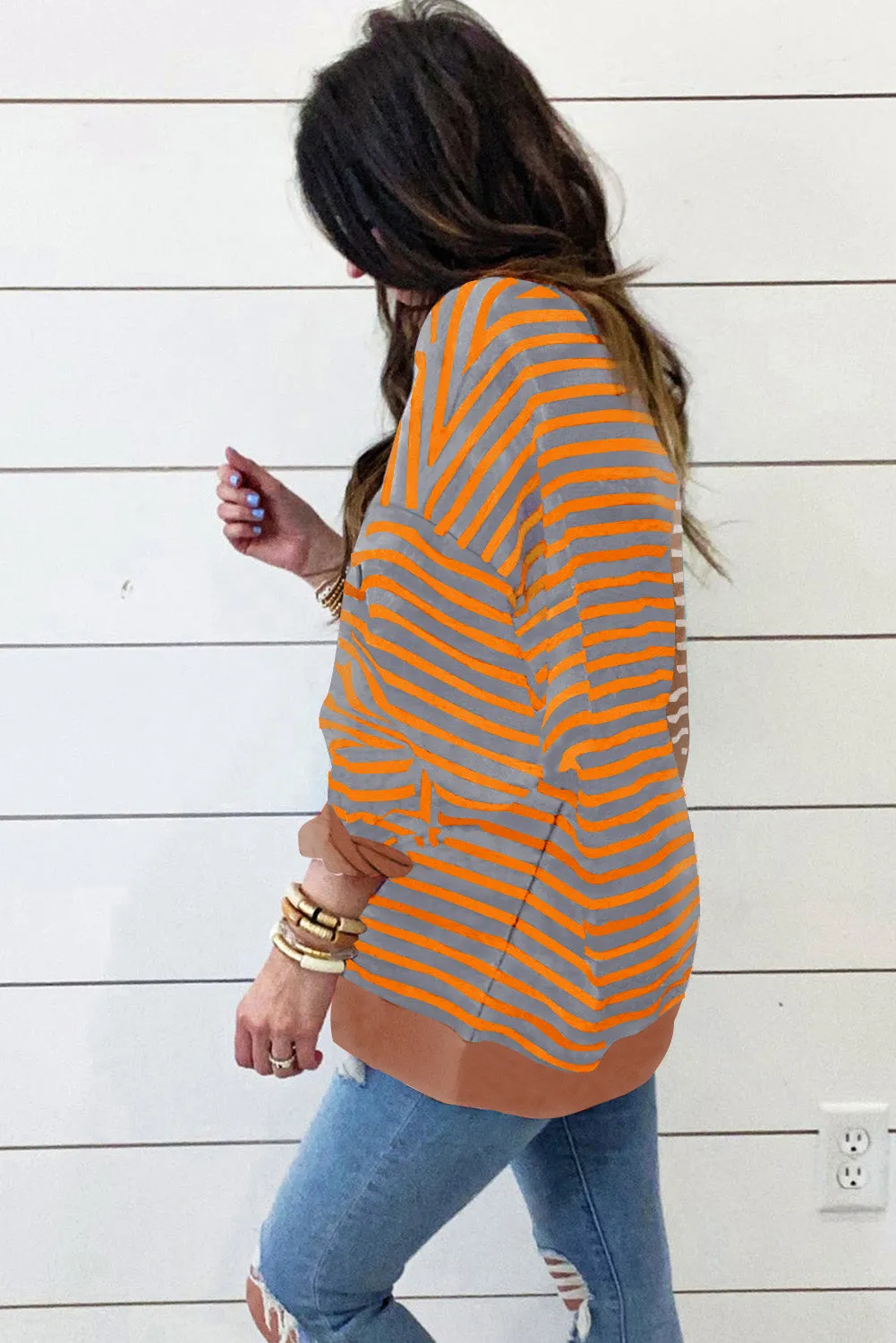 Brown Stripe Casual Stripe Colorblock Drop Shoulder Oversize Sweatshirt