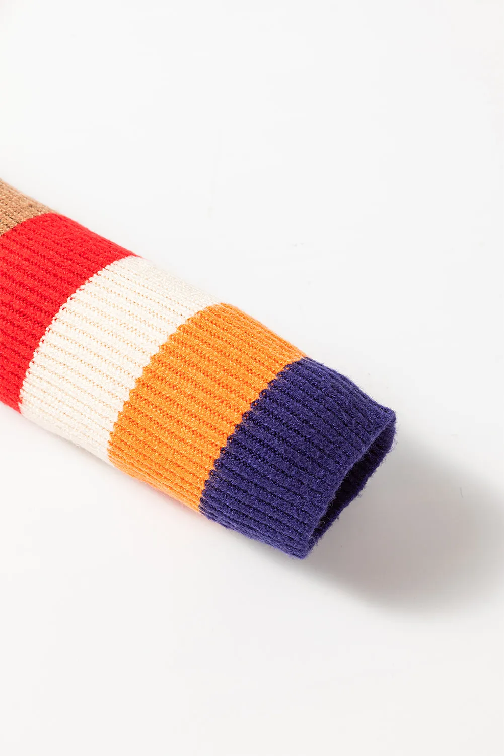 Brown Stripe Colorblock Bishop Sleeve Turtleneck Sweater