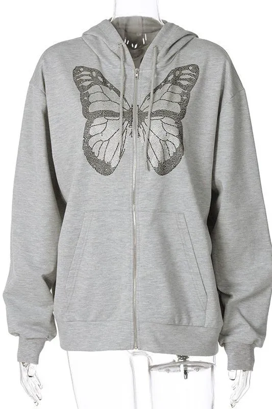 butterfly hot diamond zipper hooded
