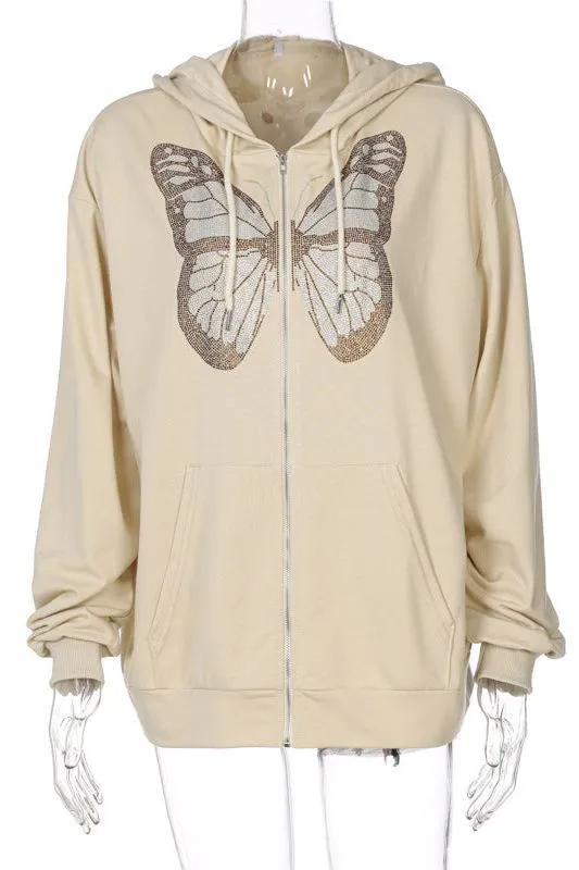 butterfly hot diamond zipper hooded