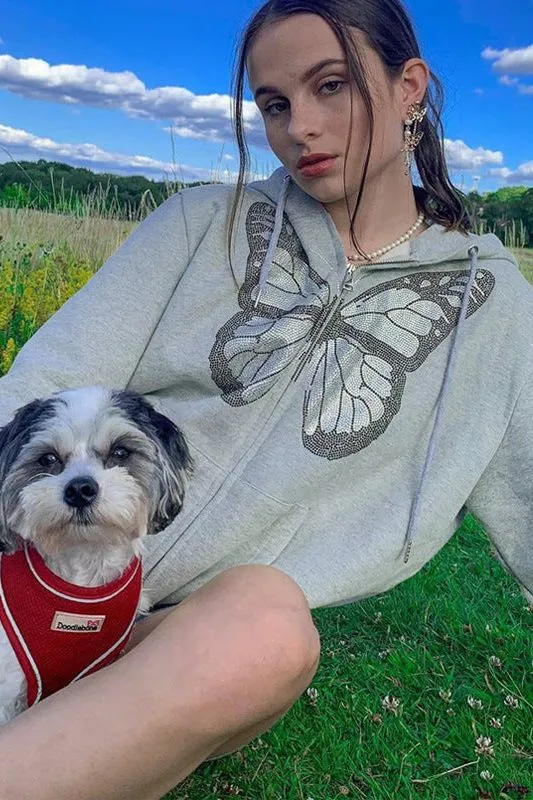 butterfly hot diamond zipper hooded