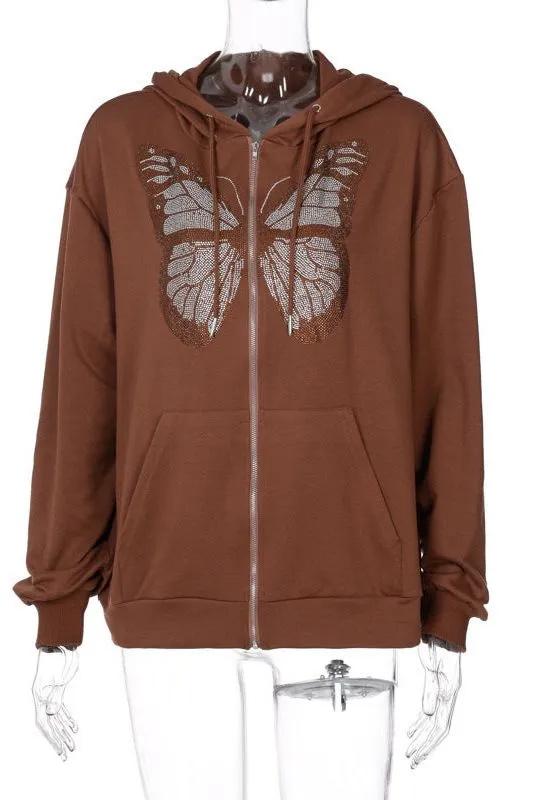 butterfly hot diamond zipper hooded