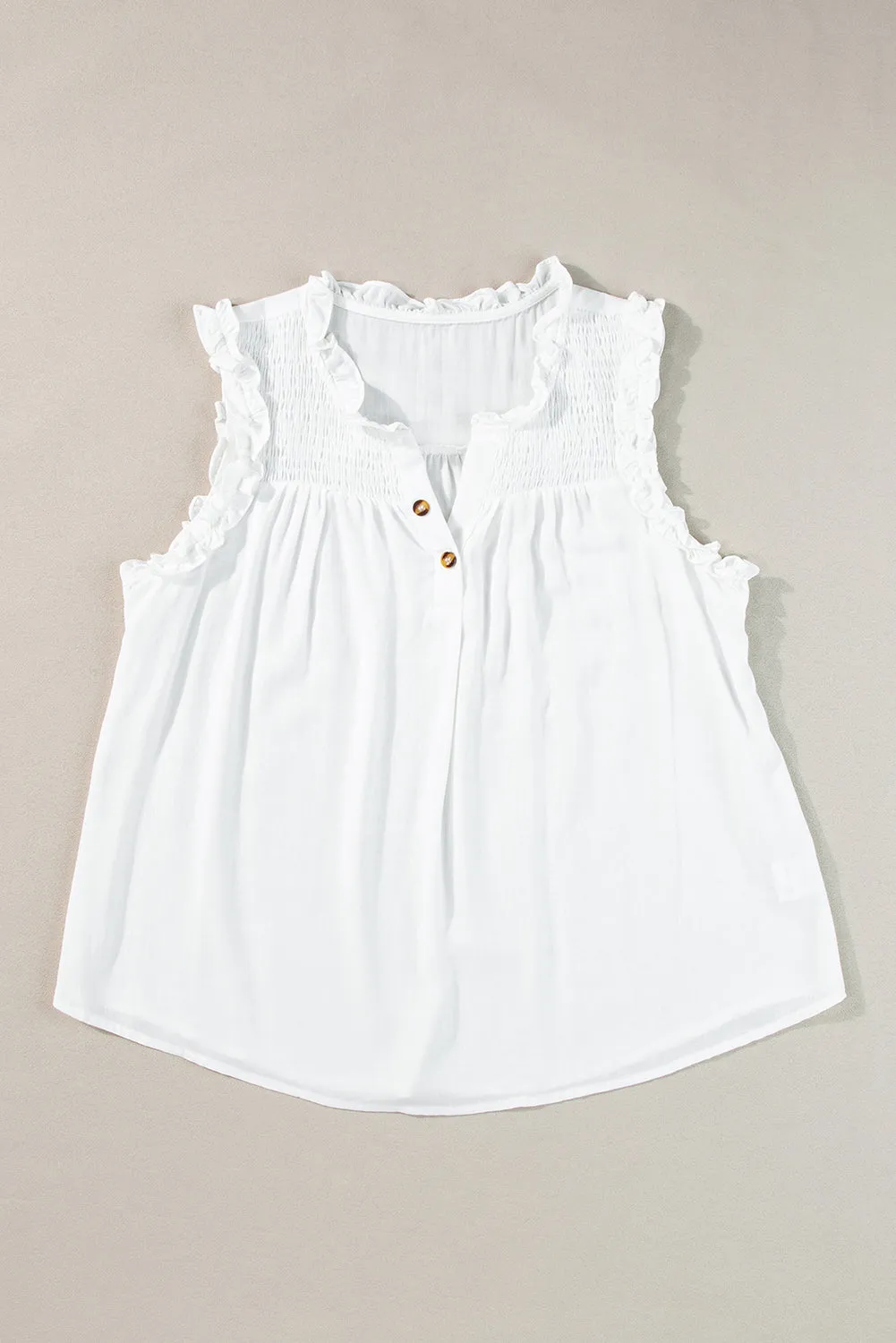 Button Split Neck Frill Detail Sleeveless Top
