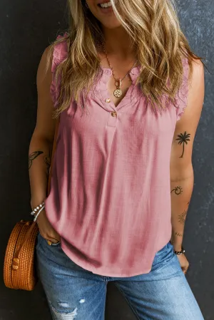 Button Split Neck Frill Detail Sleeveless Top