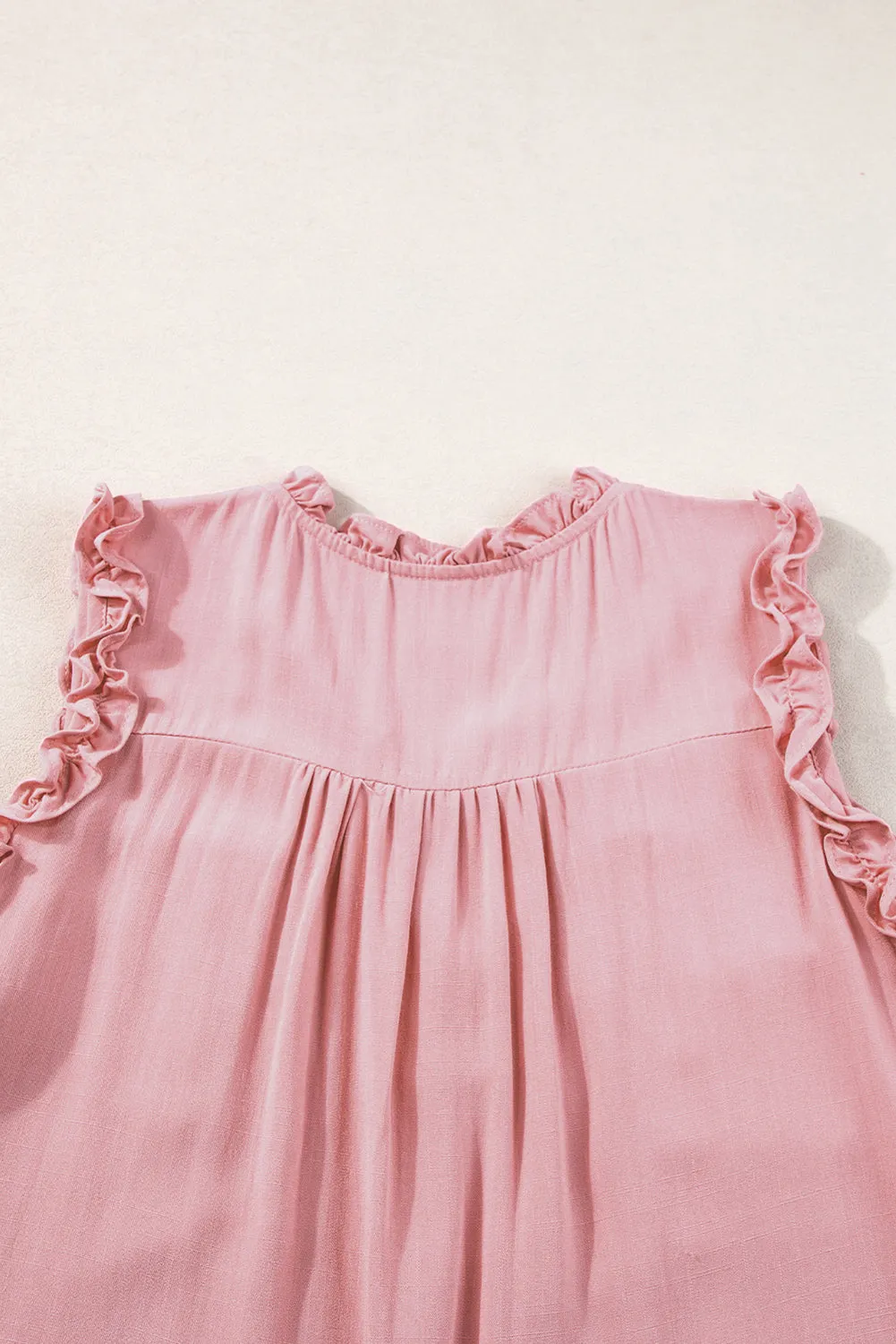 Button Split Neck Frill Detail Sleeveless Top