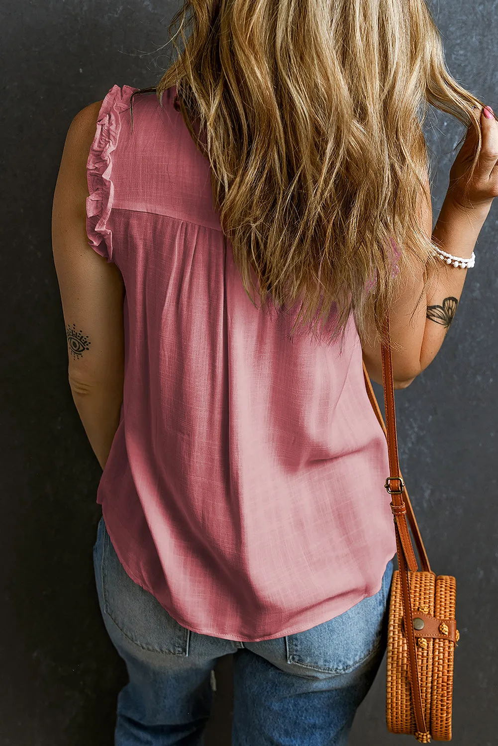 Button Split Neck Frill Detail Sleeveless Top