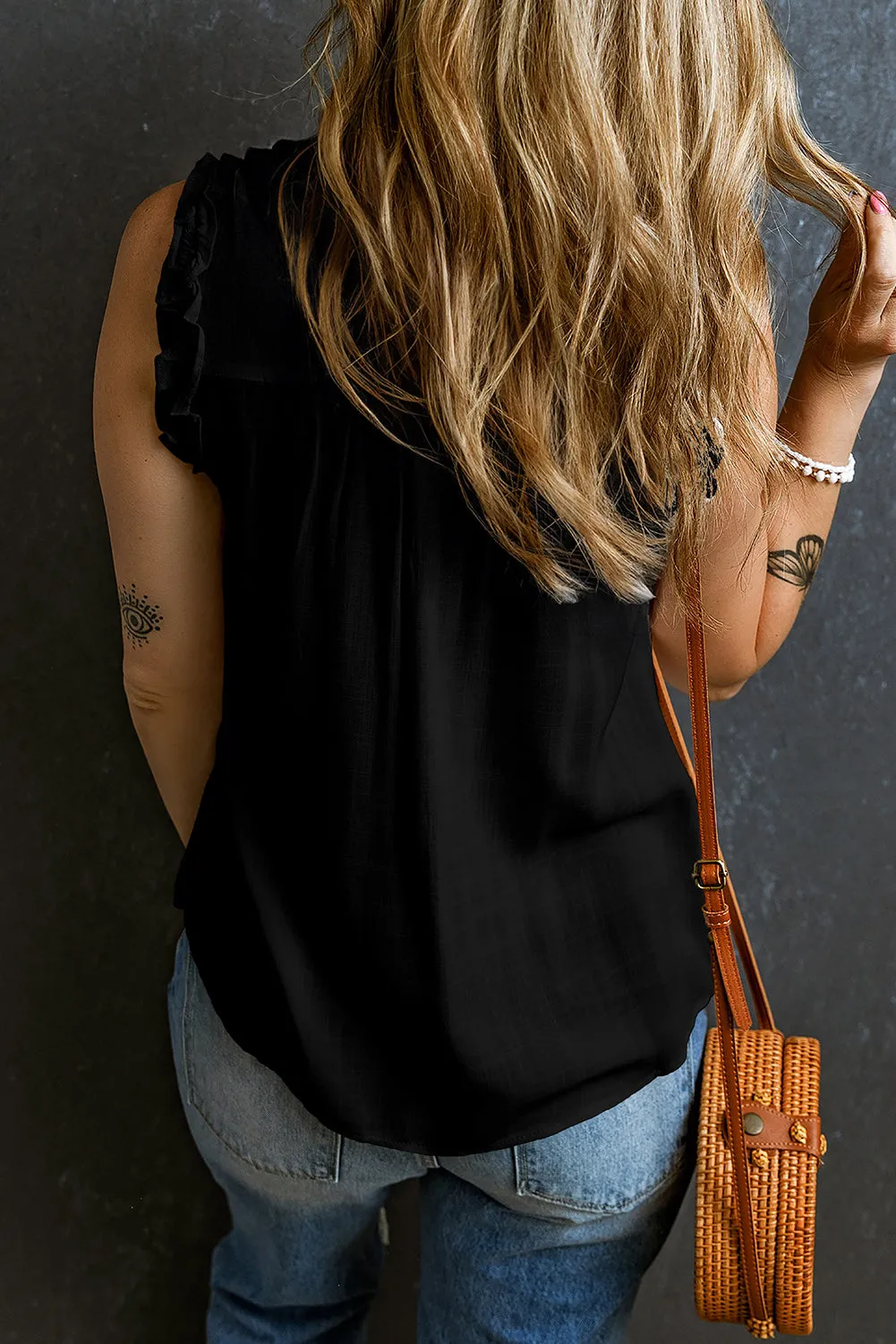 Button Split Neck Frill Detail Sleeveless Top