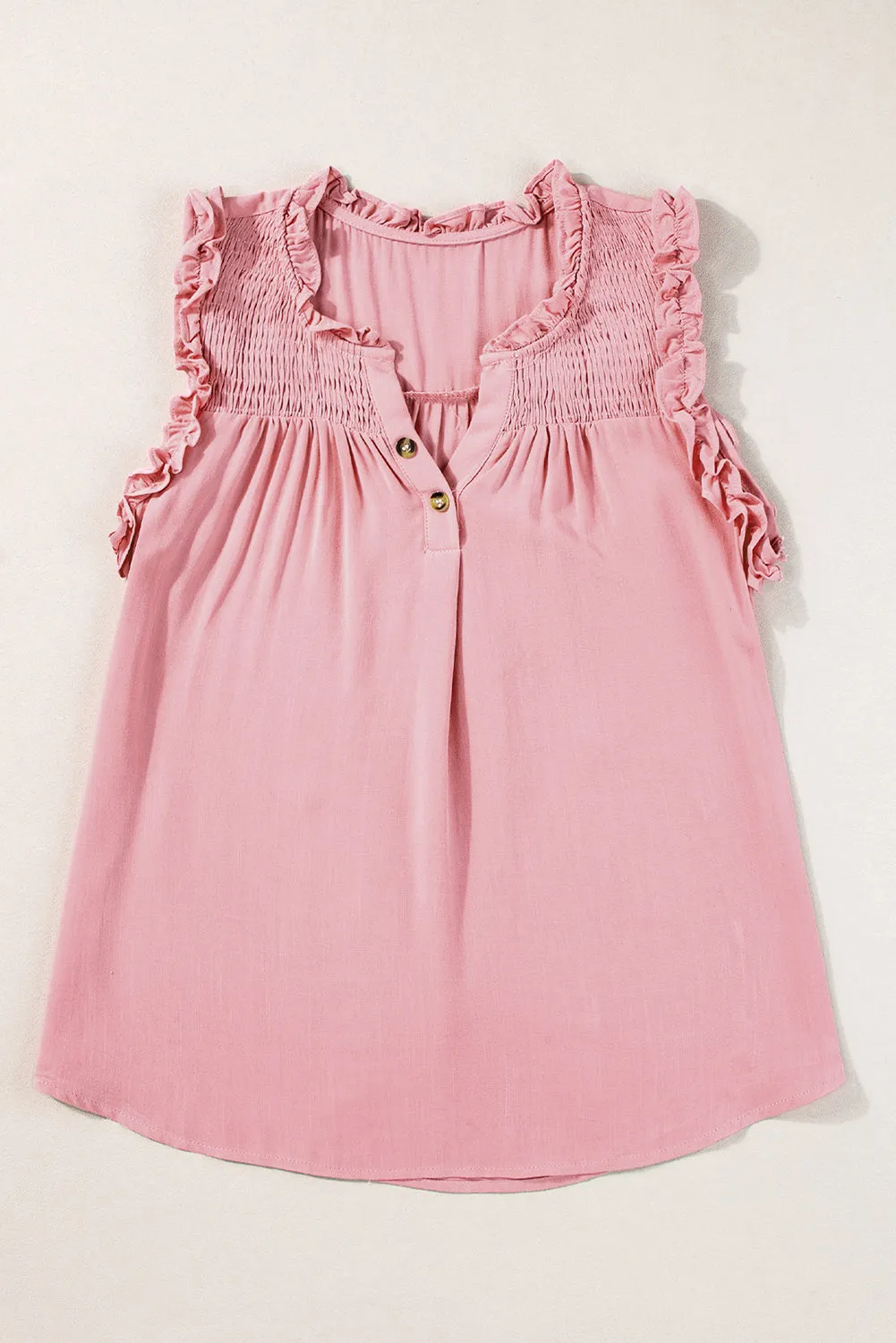 Button Split Neck Frill Detail Sleeveless Top