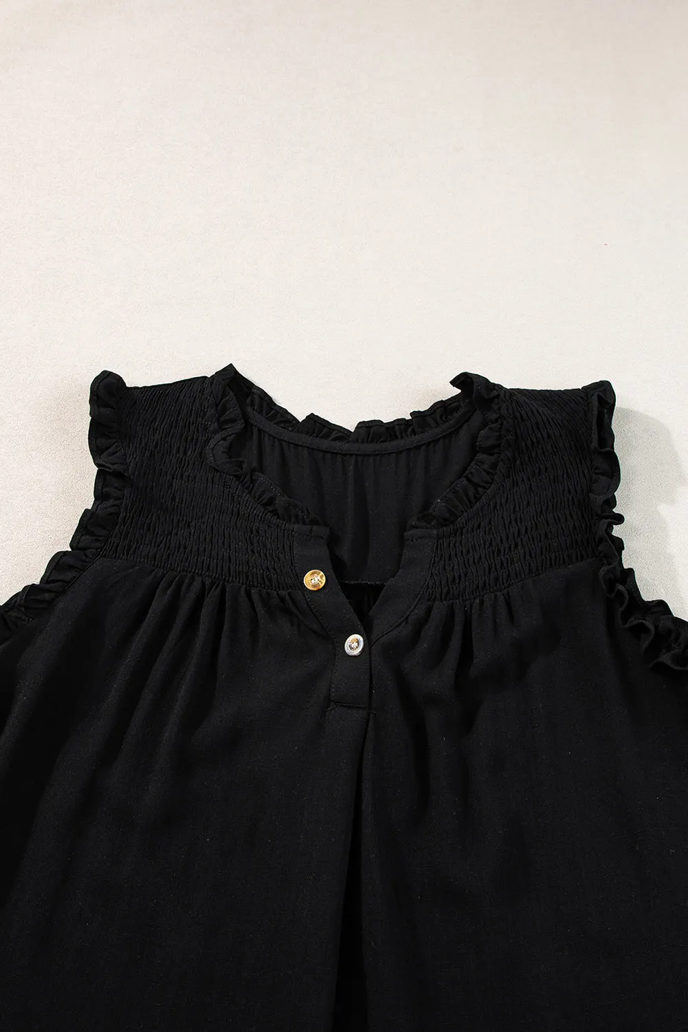 Button Split Neck Frill Detail Sleeveless Top