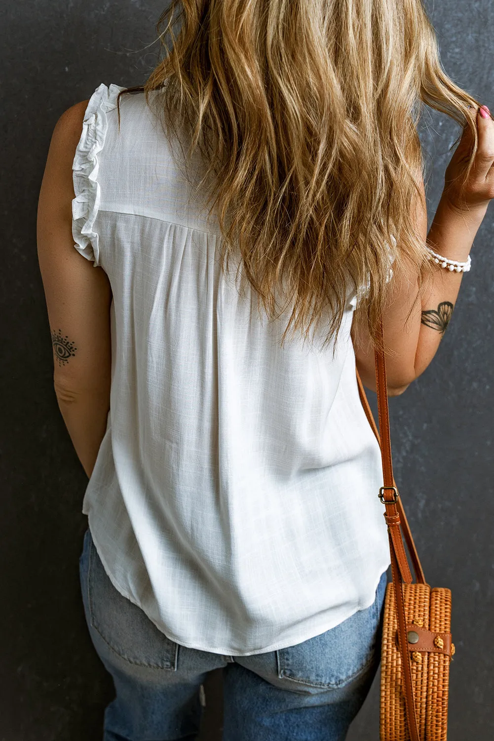 Button Split Neck Frill Detail Sleeveless Top