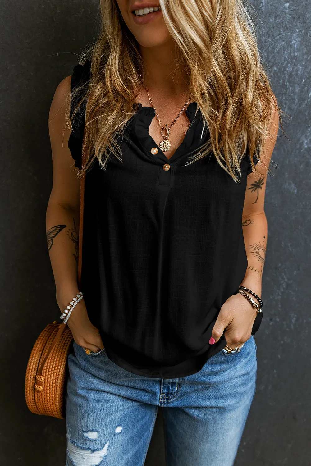 Button Split Neck Frill Detail Sleeveless Top