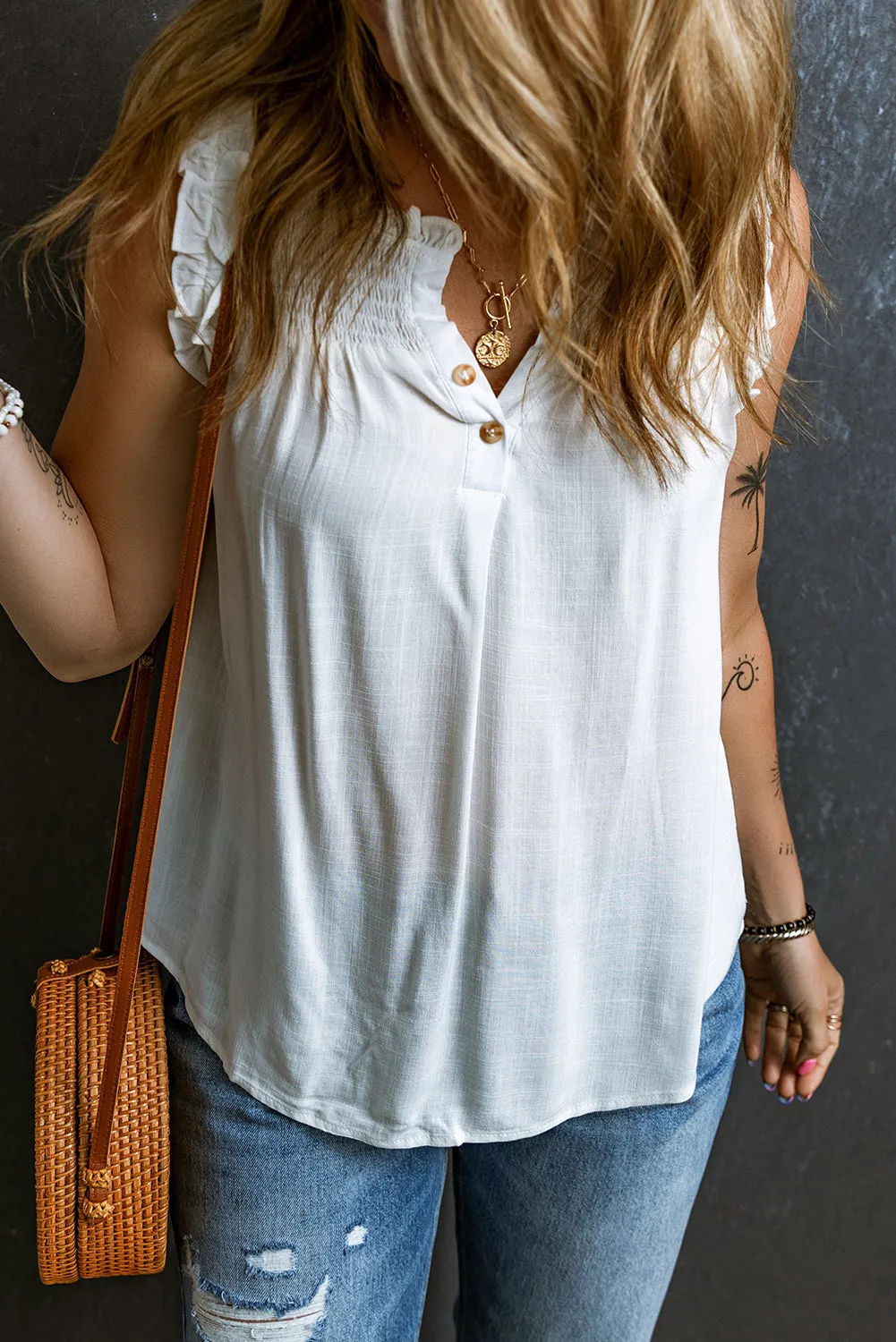 Button Split Neck Frill Detail Sleeveless Top