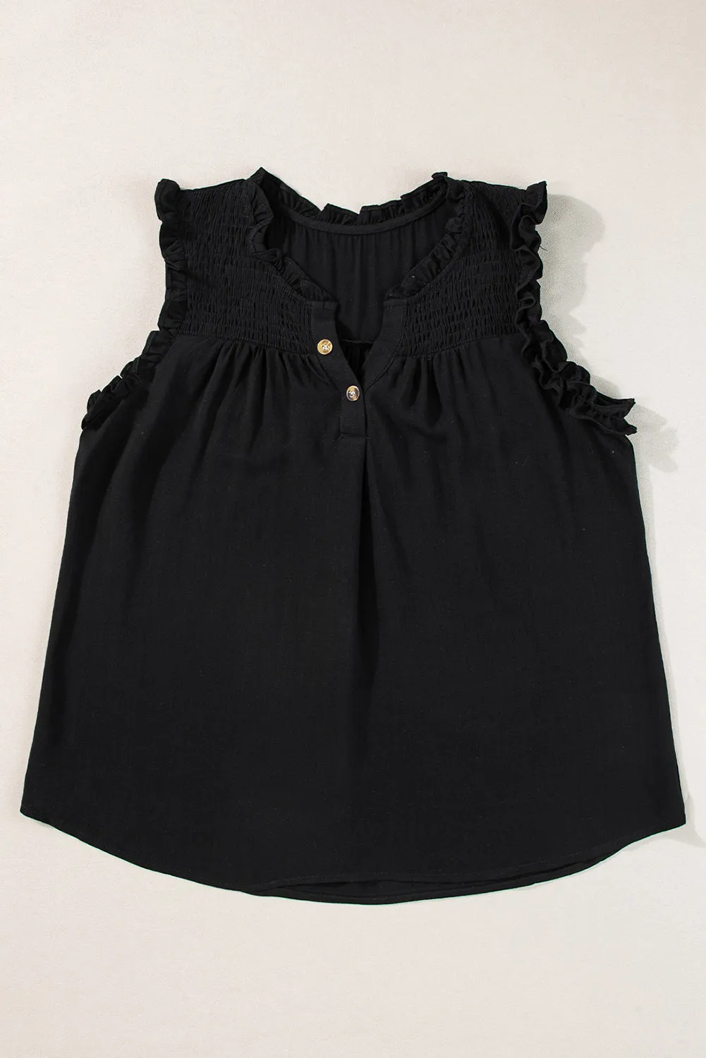 Button Split Neck Frill Detail Sleeveless Top