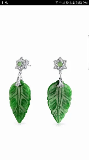 Certified Natural Jadeite Emerald A Jade HandCarved Pair of Leaf Jade Earrings with Gift Box