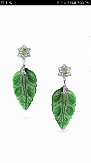 Certified Natural Jadeite Emerald A Jade HandCarved Pair of Leaf Jade Earrings with Gift Box