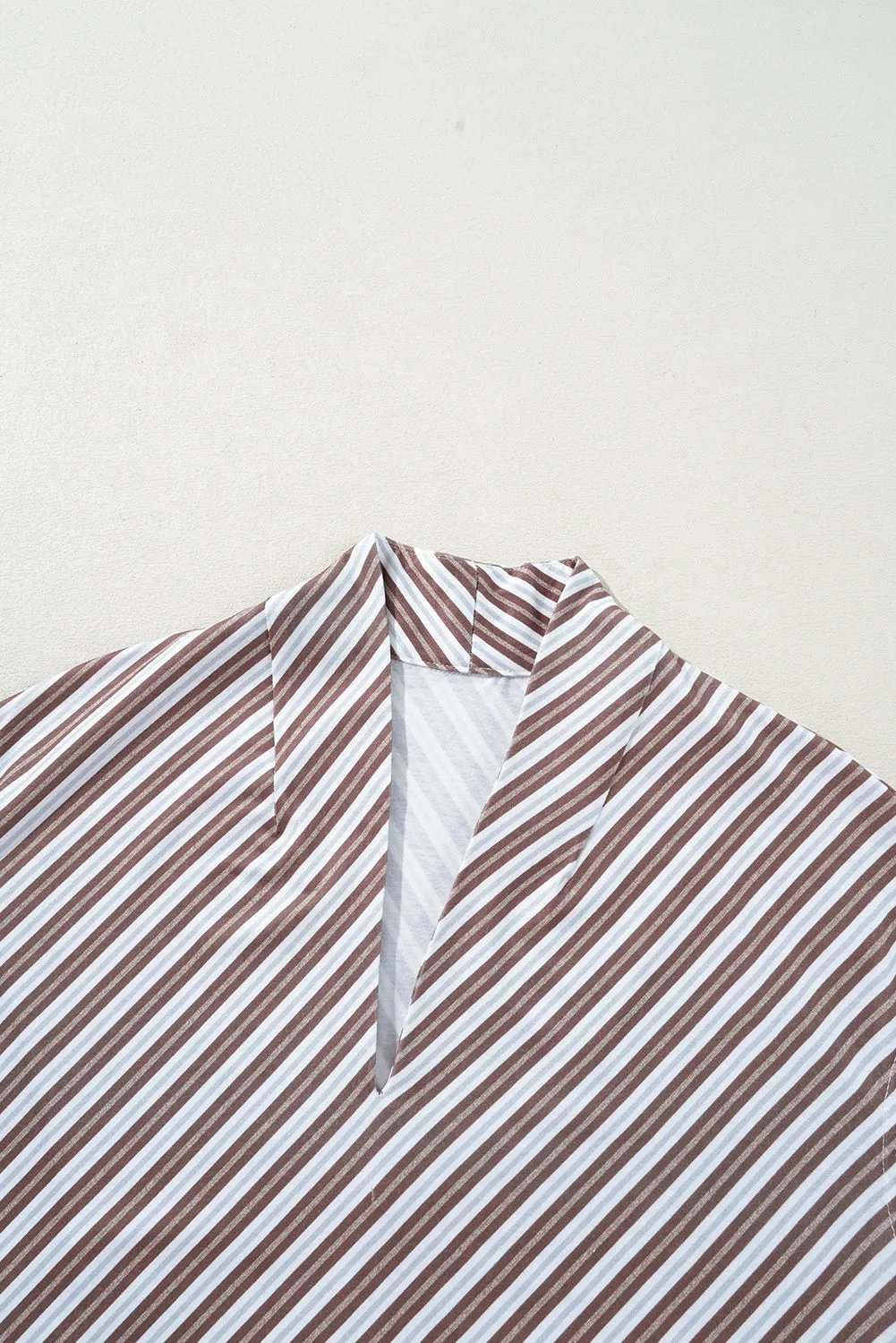 Chestnut Striped Stand V Neck Short Sleeve Blouse
