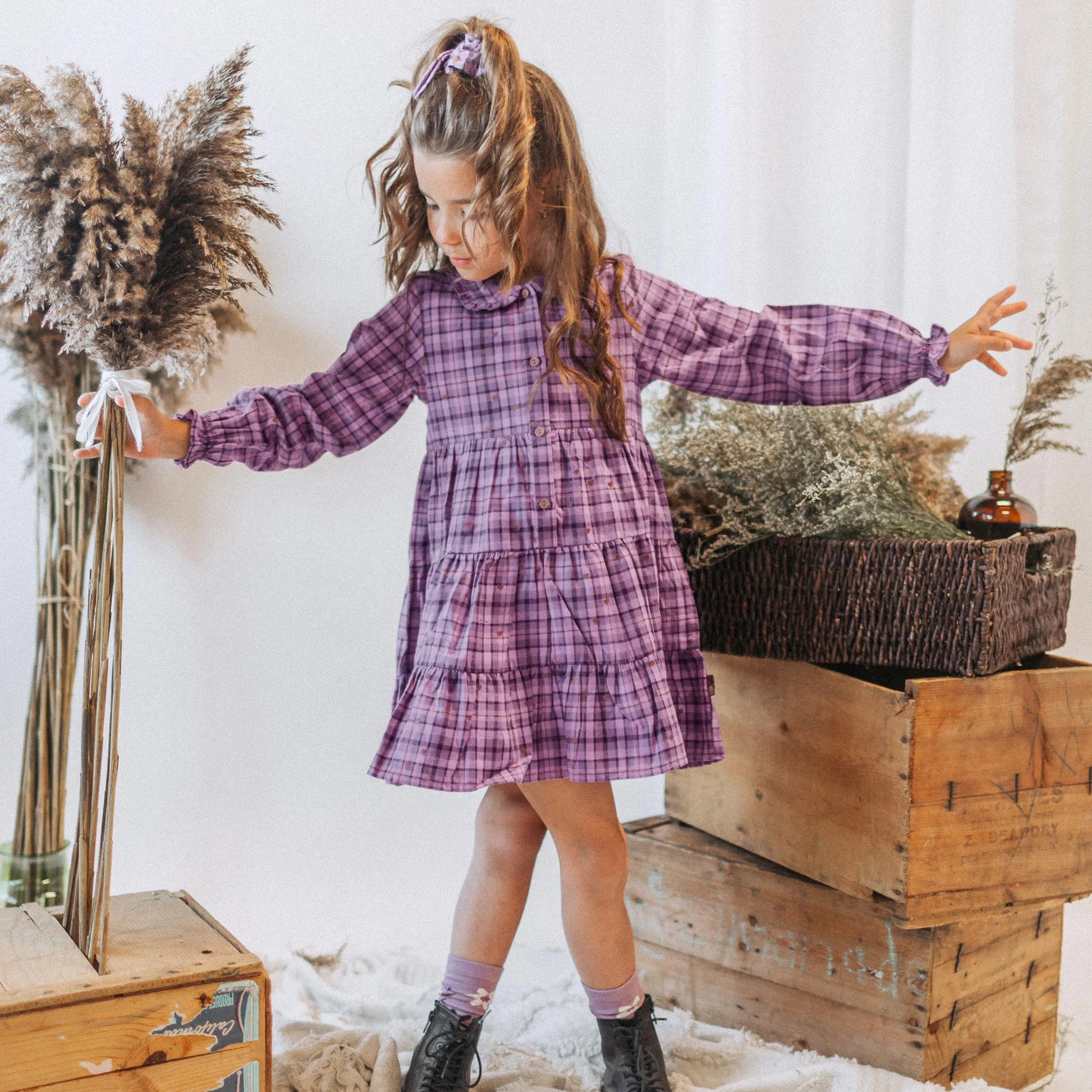 Chouchou mauve à carreaux, enfant  || Purple plaid scrunchie, child