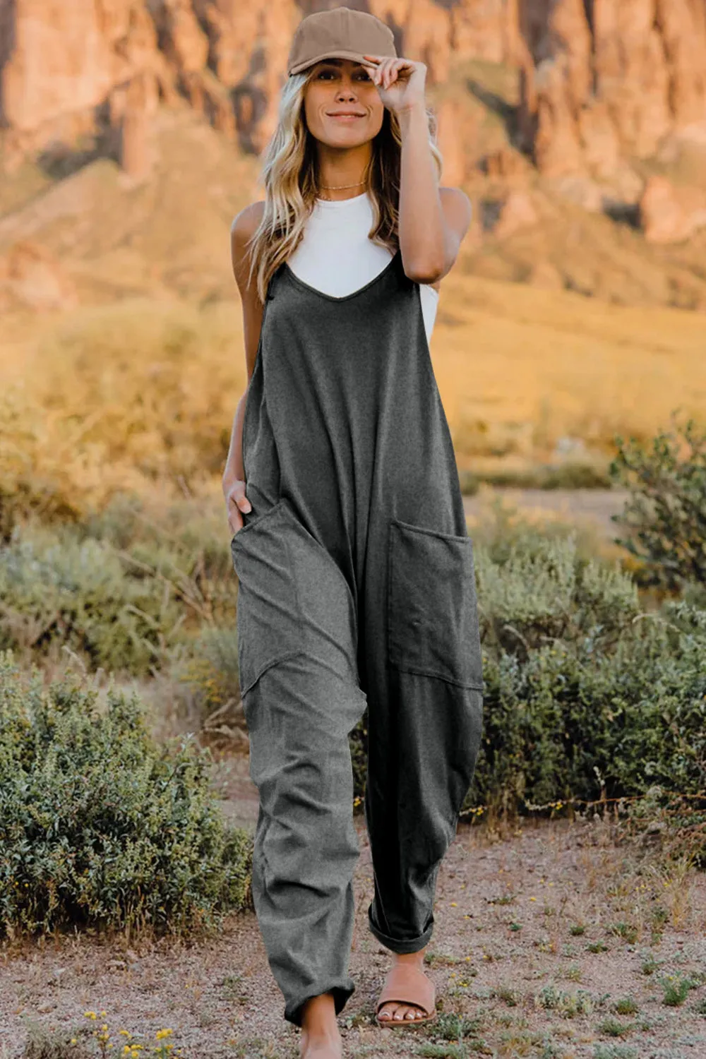 Cool Nights V-Neck Jumpsuit with Pockets- 6 Colors (Black, Army Green, Gray, Blue, Khaki, Navy)