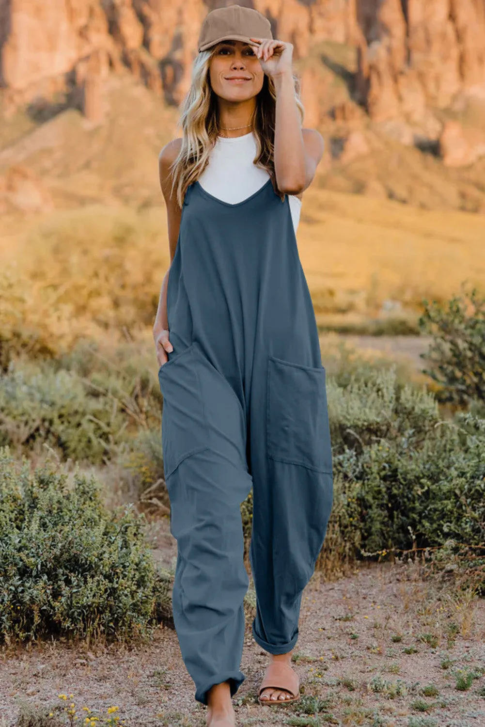 Cool Nights V-Neck Jumpsuit with Pockets- 6 Colors (Black, Army Green, Gray, Blue, Khaki, Navy)
