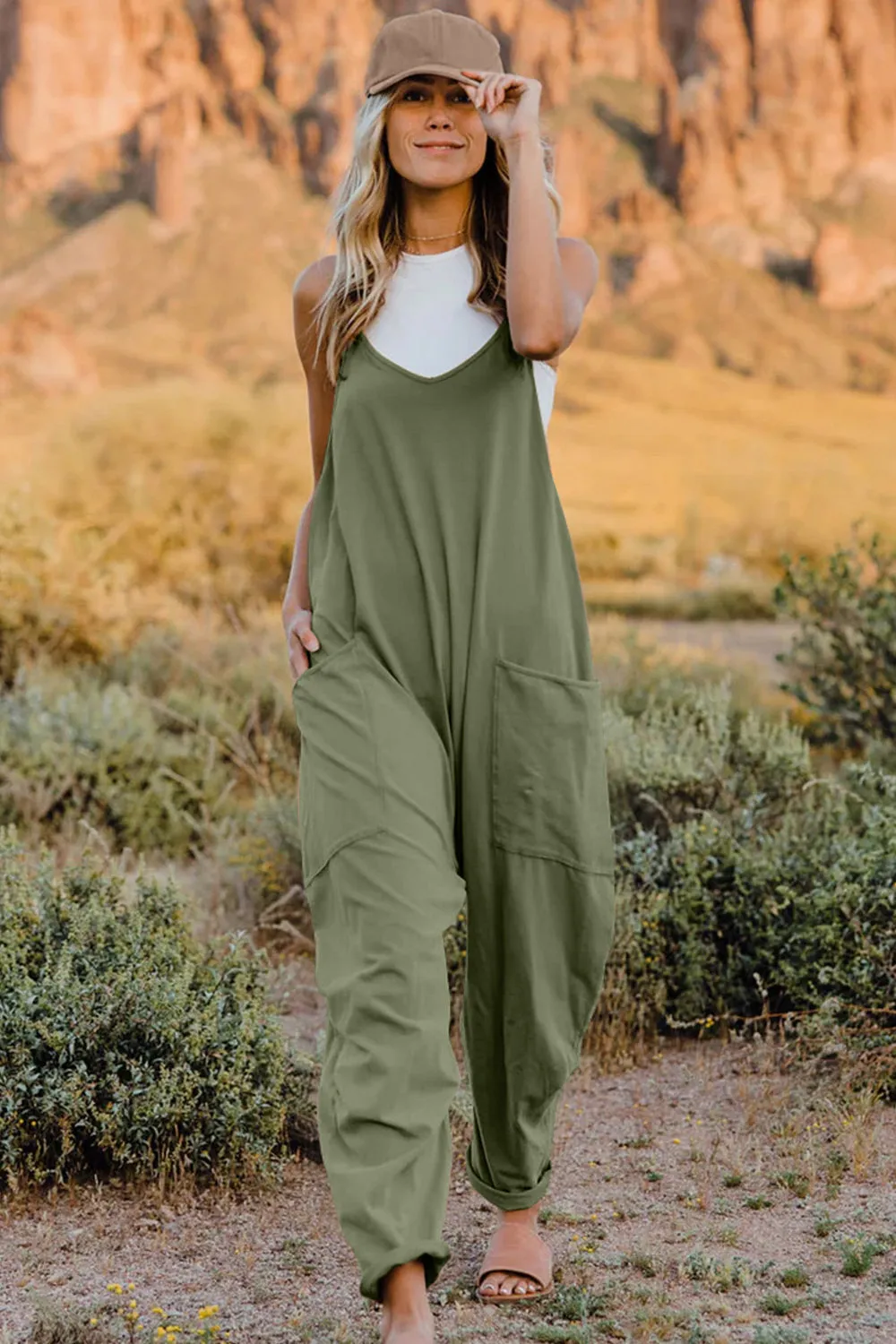 Cool Nights V-Neck Jumpsuit with Pockets- 6 Colors (Black, Army Green, Gray, Blue, Khaki, Navy)
