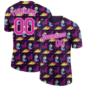 Custom Black Deep Pink-White 3D Pattern Design Dinosaur Performance T-Shirt