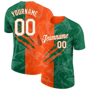 Custom Graffiti Pattern Kelly Green-Orange Scratch 3D Performance T-Shirt