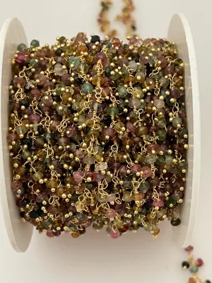 Dangling Natural Tourmaline Chain, Multi color Faceted Tourmaline Gemstone Chain 3mm Beaded Chain, Rosary Chain Jewelry Chain. 1 Foot.