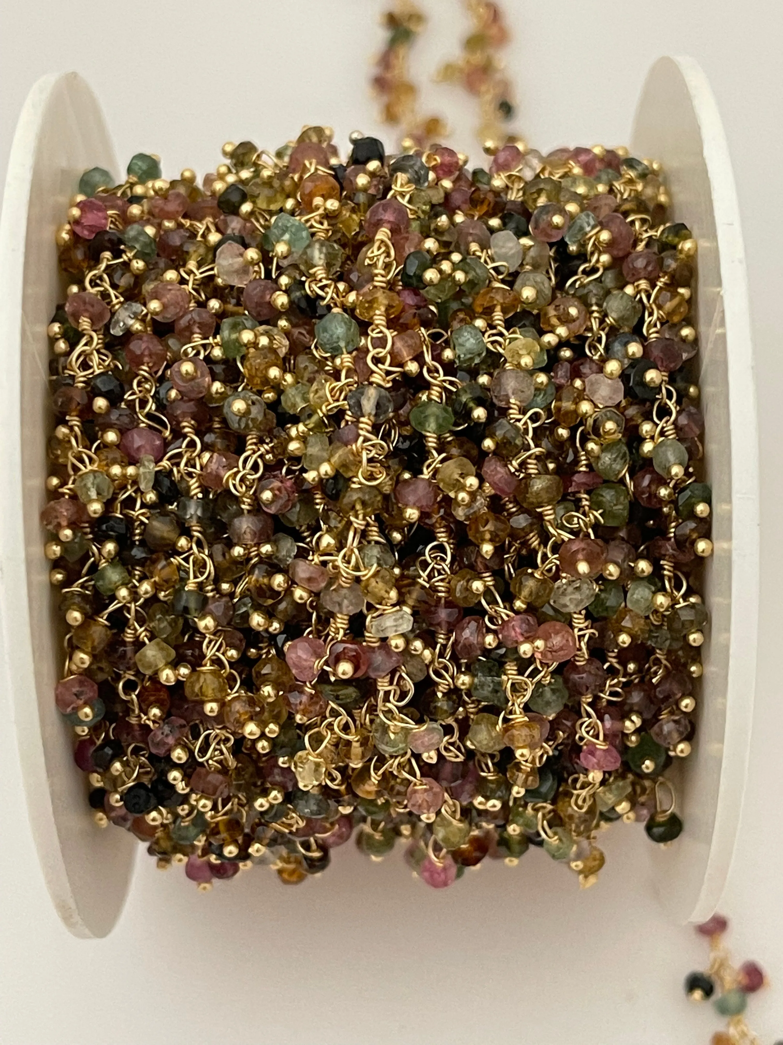 Dangling Natural Tourmaline Chain, Multi color Faceted Tourmaline Gemstone Chain 3mm Beaded Chain, Rosary Chain Jewelry Chain. 1 Foot.