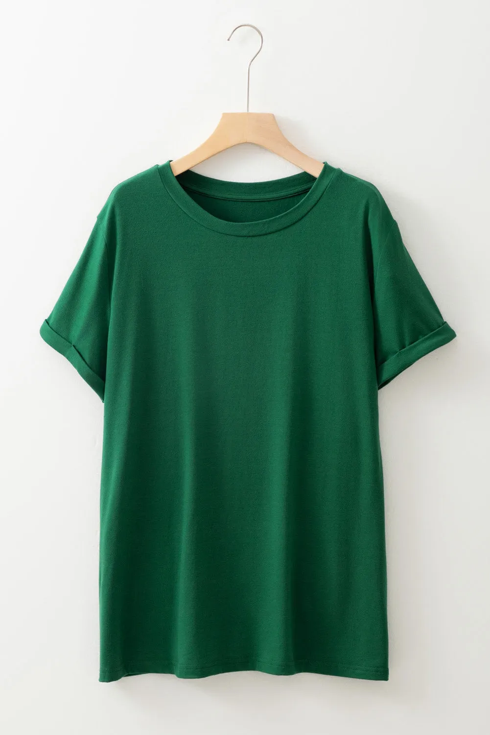 Dark Green Round Neck Rolled Sleeve Plus Size T-shirt