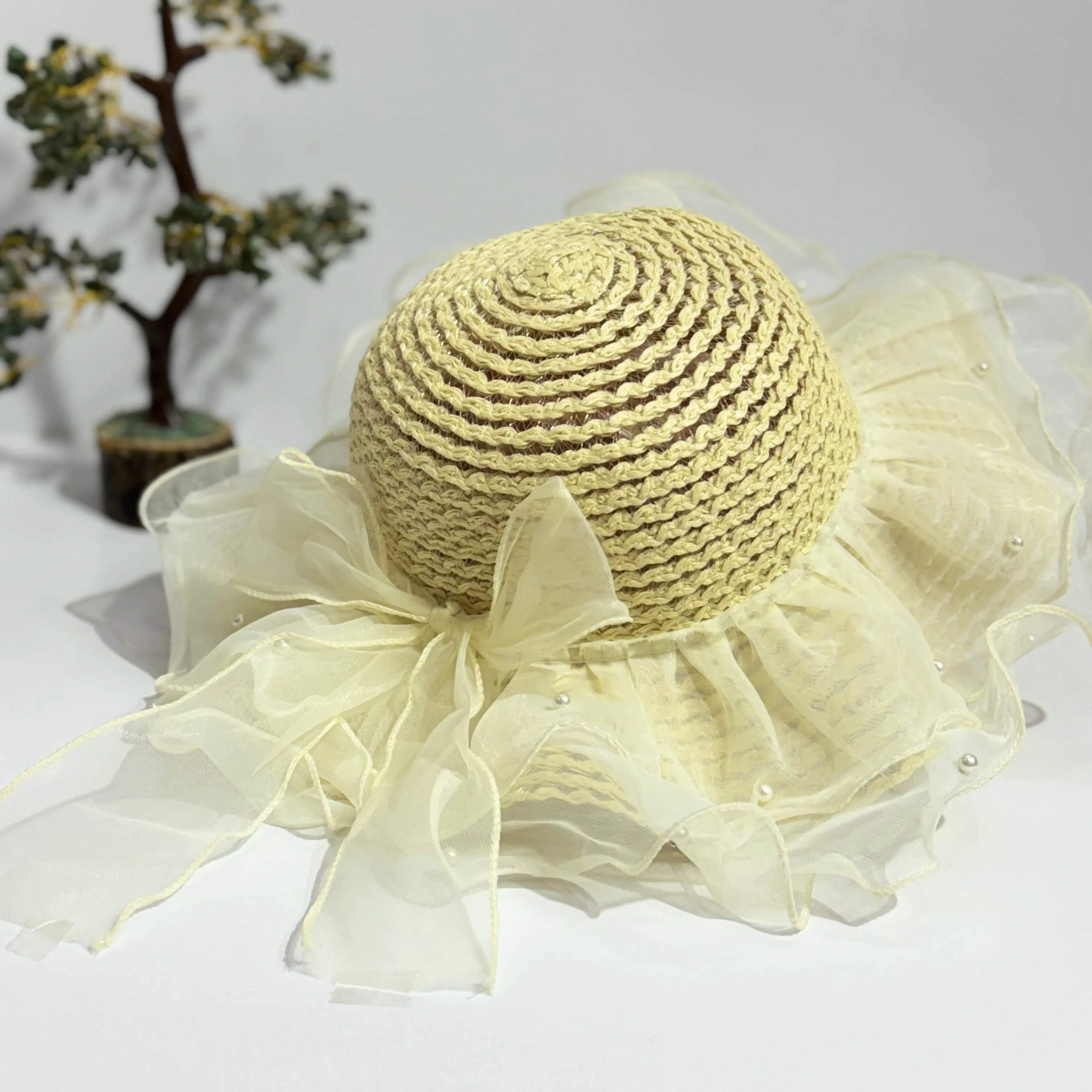 DOUBLE FRILL PEARL EMBEDDED SUMMER HAT