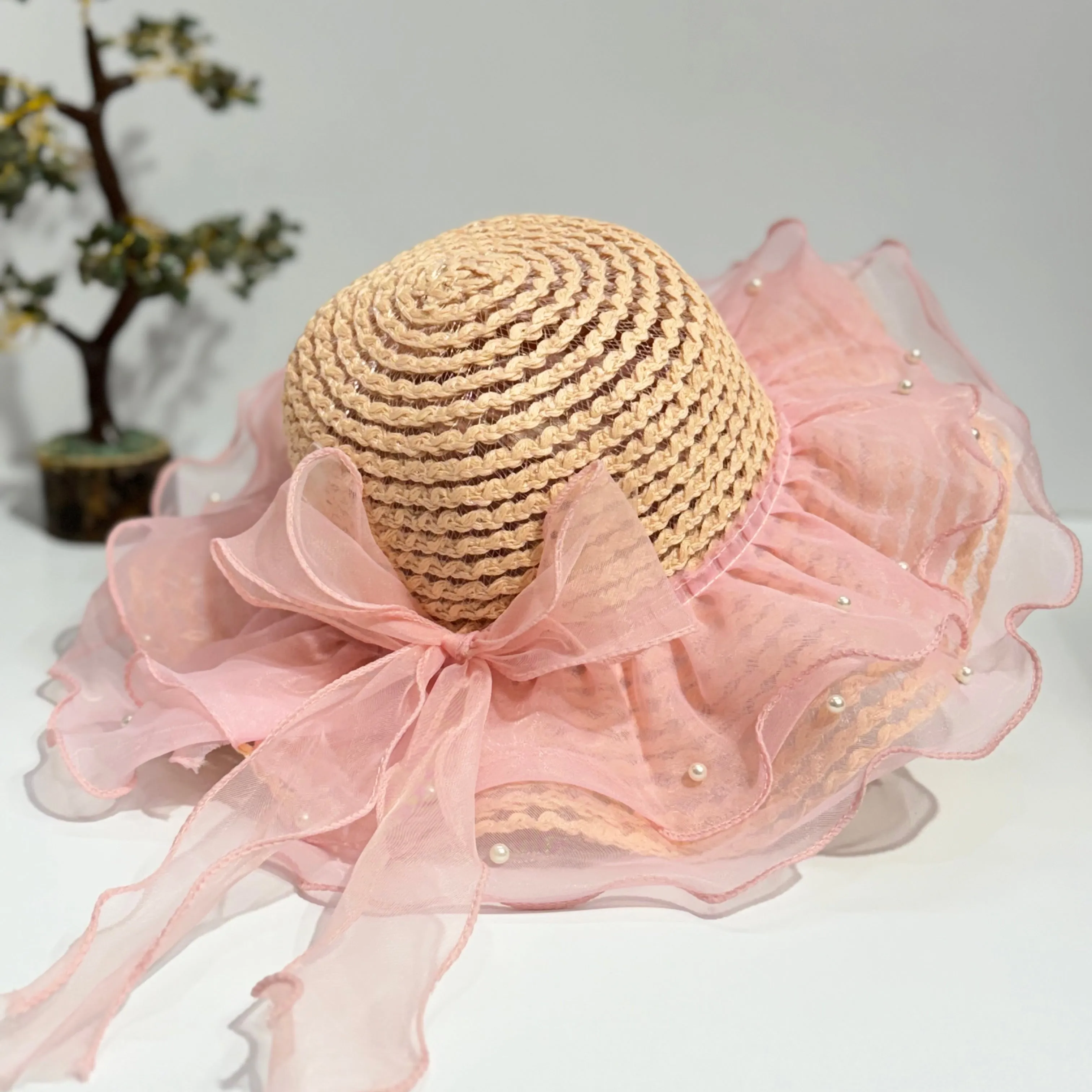 DOUBLE FRILL PEARL EMBEDDED SUMMER HAT